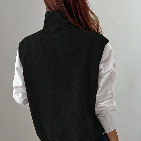 Black Casual Womens Turtleneck Split Hem Sweater Vest - Picture 2 of 5